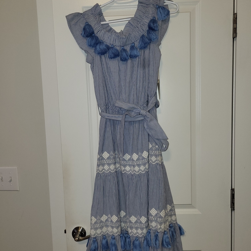Tularosa Blue and White Striped Midi Dress with Tassel Detail MATCHING EARRINGS